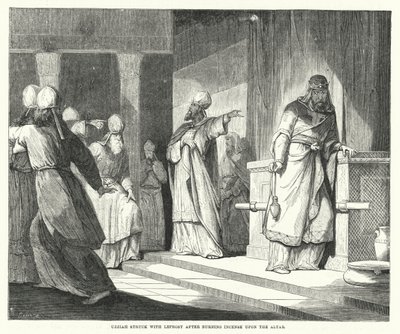 ضرب عزيا بالجذام بعد حرق البخور على المذبح (نقش) بواسطة مدرسة اللغة الإنجليزية