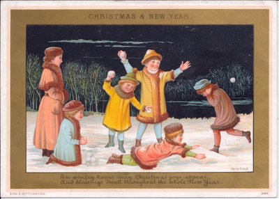 Victorian Christmas and New Year card of children playing in the snow and throwing snowballs, c.1880 (colour litho) بواسطة مدرسة اللغة الإنجليزية