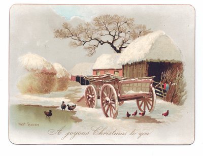 Victorian Christmas card of ducks and chicken near a pond in a farmyard, c.1880 (colour litho) بواسطة مدرسة اللغة الإنجليزية