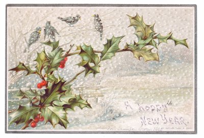 Victorian New Year card of birds on branches in the falling snow, c.1880 (colour litho) بواسطة مدرسة اللغة الإنجليزية