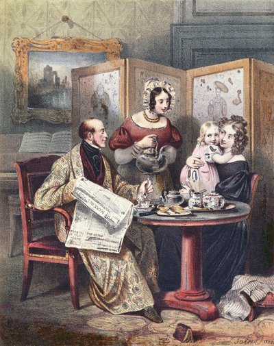 الأسرة الفيكتورية في وجبة الإفطار ، 1840 بواسطة مدرسة اللغة الإنجليزية