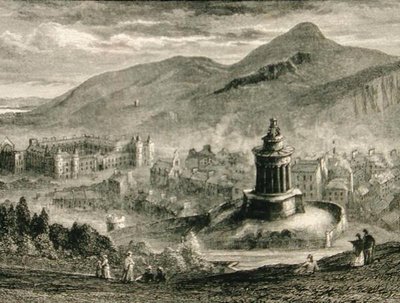 منظر من نصب بيرنز التذكاري ، كالتون هيل ، إدنبرة في حوالي عام 1880 ، من "الصور الاسكتلندية" التي نشرتها جمعية المسالك الدينية بواسطة مدرسة اللغة الإنجليزية
