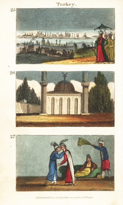 منظر للقسطنطينية (اسطنبول) في أوائل القرن التاسع عشر 25 ، مسجد مسلم به قبة ومآذن 26 ، وشابات يونانيات يقبلن بعضهن البعض في عيونهن 27 بواسطة مدرسة اللغة الإنجليزية