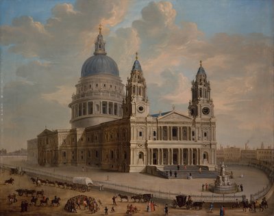 منظر لكاتدرائية القديس بولس مع شخصيات في المقدمة ، حوالي عام 1725 (زيت على قماش) بواسطة مدرسة اللغة الإنجليزية