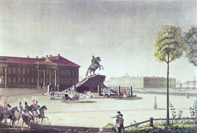 منظر لساحة القديس بطرس الكبرى ومجلس شيوخ سانت بطرسبرغ ، نشرته Boyer ، لندن 1815 (لون ليثو) بواسطة مدرسة اللغة الإنجليزية