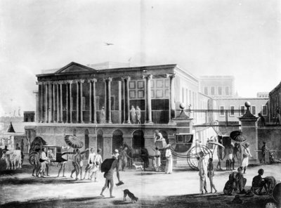 منظر لمنزل ومصنع وبازار ، في كلكتا ، منقوش بواسطة فرانسيس جوكس ، 1795 (أكواتينت) بواسطة مدرسة اللغة الإنجليزية