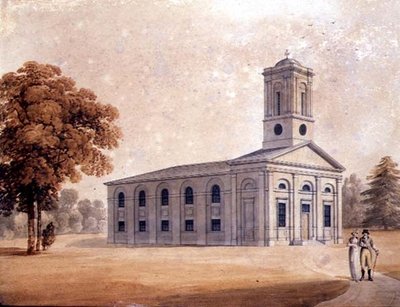 منظر لكنيسة كلاسيكية جديدة في حديقة ، حوالي عام 1790 (ألوان مائية على ورق) بواسطة مدرسة اللغة الإنجليزية