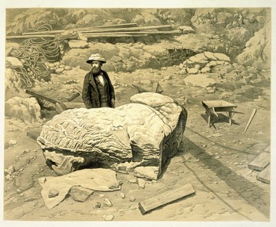 منظر لأسد ضخم على جانبه ، مع خلف نيوتن ، من تاريخ من الاكتشافات في Helicarnassus ، Cnidus ، و Branchidae ، بقلم تشارلز توماس نيوتن (1816-1894) نشر عام 1862 بواسطة مدرسة اللغة الإنجليزية