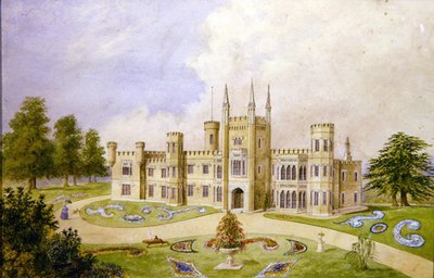 منظر لمنزل ريفي على الطراز القوطي مع حديقة رسمية ، حوالي عام 1840 (ألوان مائية على ورق) بواسطة مدرسة اللغة الإنجليزية