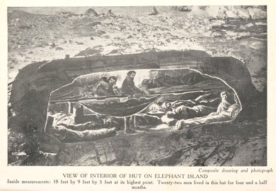 منظر داخلي لكوخ في جزيرة الفيل ، من "الجنوب: قصة الحملة الاستكشافية 1914-1917" ، بقلم السير إرنست شاكلتون بواسطة مدرسة اللغة الإنجليزية