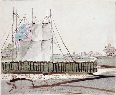 منظر للبالون في جسر نوينغاتون ، مايو 1785 (حبر ومرحاض على ورق) بواسطة مدرسة اللغة الإنجليزية