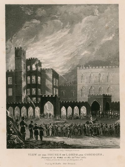 منظر لمجلس اللوردات والعموم ، دمره الحريق في 16 أكتوبر 1834 بواسطة مدرسة اللغة الإنجليزية