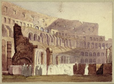 منظر للكولوسيوم الروماني ، c.1800 (مرحاض وقلم رصاص على ورق) بواسطة مدرسة اللغة الإنجليزية