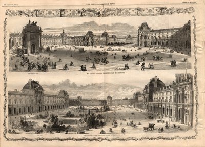 مناظر من Cour Carree du Louvre في باريس. نقش في "أخبار لندن المصورة" بتاريخ ١٥ أغسطس ١٨٥٧. بواسطة مدرسة اللغة الإنجليزية