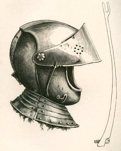 يعود تاريخ الخوذة المرصودة إلى عام 1643. القطعة الموجودة على الجانب هي دعامة القناع ، بالحجم الكامل ، تُستخدم للحفاظ على الحاجب من زوايا مختلفة وفقًا للشق المستخدم ، من The British Army: Its Origins، Progress and Equipment ، نُشر عام 1868. بواسطة مدرسة اللغة الإنجليزية