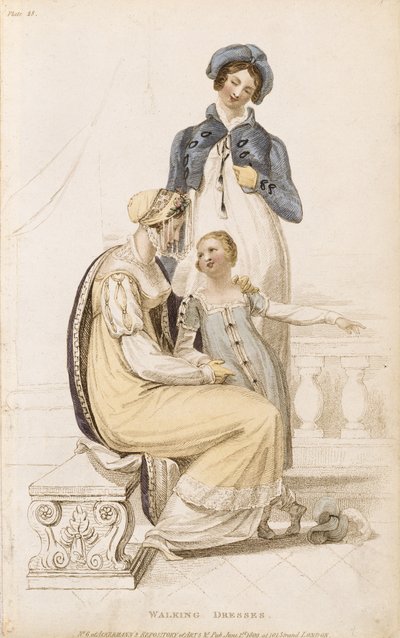 فساتين المشي ، لوحة الموضة من Ackermanns Repository of Arts، pub. 1 يونيو 1809 بواسطة مدرسة اللغة الإنجليزية
