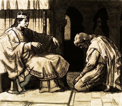 ذهب Waltheof إلى نورماندي لطلب عفو من الملك ويليام (الغواش على الورق) بواسطة مدرسة اللغة الإنجليزية