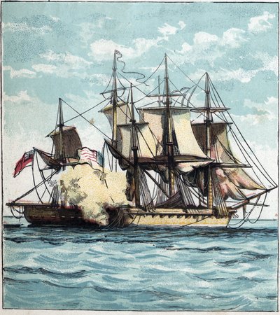 حرب 1812 بين الولايات المتحدة وبريطانيا العظمى: تشيسابيك فريجيت أثناء المعركة البحرية ضد الفرقاطة البريطانية "شانون" في 1/06/1813 قبالة بوسطن. "تشيسابيك وشانون" بواسطة مدرسة اللغة الإنجليزية
