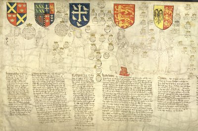 Warremundus ، من الدم الملكي لعائلة الساكسونيين ، من "The Rous Roll" ، سجل الأحداث المصور بقلم جون روس بواسطة مدرسة اللغة الإنجليزية