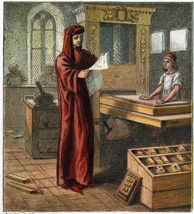 وليام كاكستون (1422-1491) ، أول طابعة إنجليزية ، في ورشته بالمطبعة. وليام كاكستون ، أول طابعة إنجليزية. بواسطة مدرسة اللغة الإنجليزية