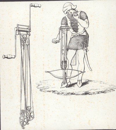 Windlass mechanism for cocking crossbow, illustration from 