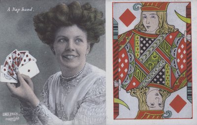 Woman with playing cards and the Jack of Diamonds (colour litho) بواسطة مدرسة اللغة الإنجليزية