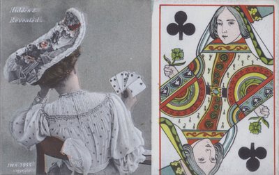 Woman with playing cards and the Queen of Clubs (colour litho) بواسطة مدرسة اللغة الإنجليزية