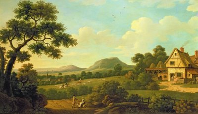 المناظر الطبيعية المشجرة بأشكال على جانب الطريق ، ج .1770 بواسطة مدرسة اللغة الإنجليزية
