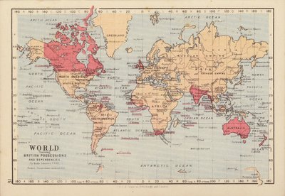العالم يُظهر الحيازات والأقاليم التابعة لبريطانيا (مطبوعة حجرية ملونة) بواسطة مدرسة اللغة الإنجليزية