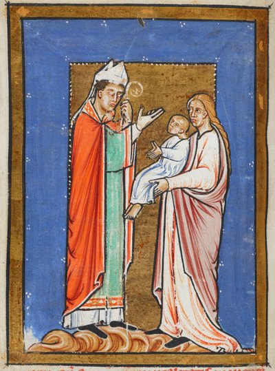 ييتس طومسون 26 f.62v سانت كوثبرت شفاء طفل من الطاعون ، رسم توضيحي من "الحياة النثرية للقديس كوثبرت" ، بقلم بيد (ورق) بواسطة مدرسة اللغة الإنجليزية