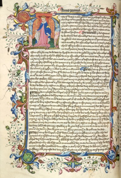 ييتس طومسون 48، f.172v الحرف الأول التاريخي quot;Nquot; (ostre) لهنري الخامس، وحدود ورقية كاملة، في بداية نظامه الأساسي، من quot;Nova Stautaquot; (الرق) بواسطة مدرسة اللغة الإنجليزية