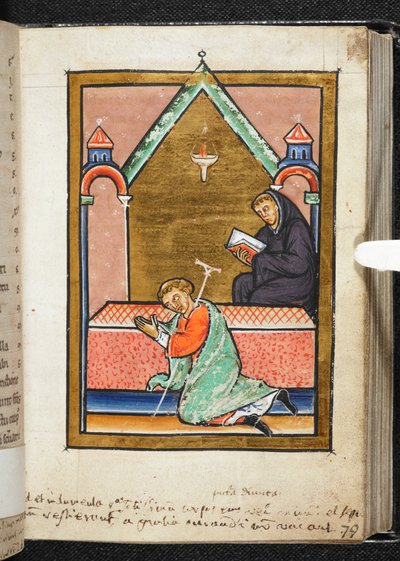 Yates Thompson Ms 26، f.79 r Cripple يصلي عند قبر القديس كوثبرت ، رسم توضيحي من "Bede، Prose Life of Cuthbert" (ورق) بواسطة مدرسة اللغة الإنجليزية