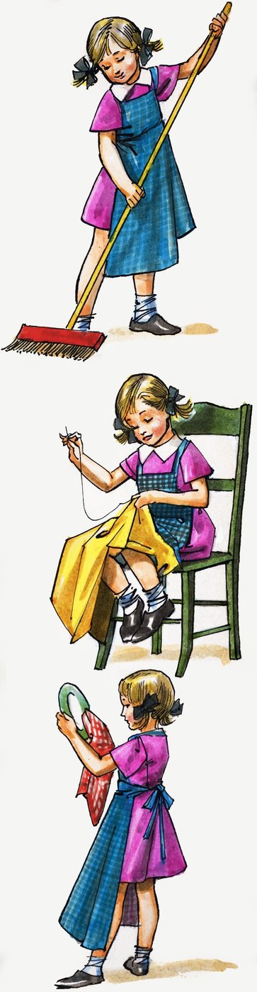 فتاة شابة التنظيف والترتيب بواسطة مدرسة اللغة الإنجليزية