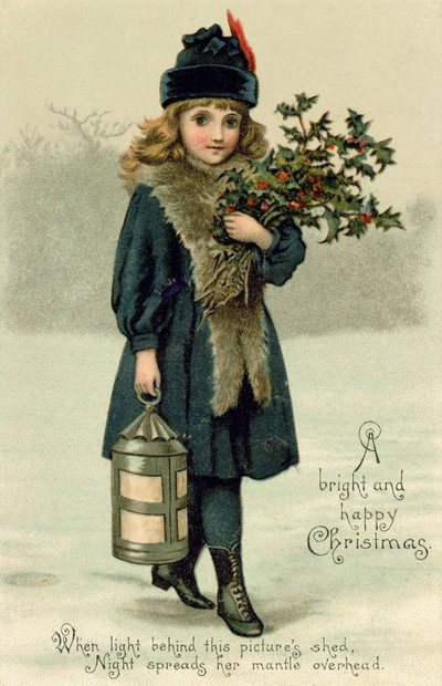 فتاة صغيرة تحمل صورة Holly and Lantern ، بطاقة بريدية ، أوائل القرن العشرين بواسطة مدرسة اللغة الإنجليزية