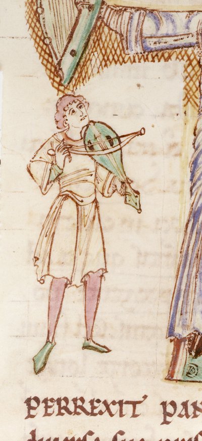 f.218v تفاصيل الحرف "T" الأولي المسكون الذي يصور رجلاً يعزف على آلة الريبيك، من "Passionale"، حوالي 1110 (الرق) بواسطة مدرسة اللغة الإنجليزية