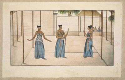 f.91 (102) ثلاثة راقصين في البلاط السيريمبي وأوركسترا غاميلان ، ربما في سولو أو جوجيا 1811-13 (قلم رصاص وألوان مائية على ورق) بواسطة مدرسة اللغة الإنجليزية