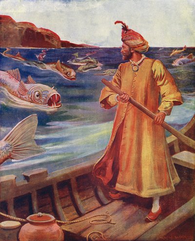 السندباد يرى الأسماك الضخمة (طباعة حجرية ملونة) بواسطة إينوك وارد