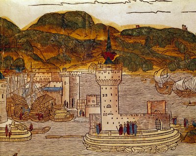 منظر لميناء كاندي (هيراكليون الحالية) في صفحة كريت من كتاب الرحلات "" peregrinatio in terram sanctam "" "" بعد الحج في الأرض المقدسة لبرنارد دي بريدينباخ (بريدينباخ) (1454-1497) موضحة بواسطة نقوش بواسطة إرهارد ري بواسطة إيرهارد ريويتش