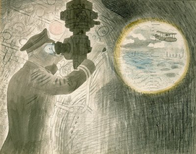 ضابط غواصة (غواصة) ينظر من خلال المنظار. ألوان مائية وقلم رصاص على ورق بواسطة إريك رافيليوس