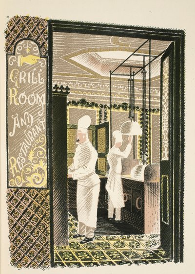 مطعم وغرفة شواء ، رسم توضيحي من "High Street" من تأليف JM Richards ، طبعه مطبعة Curwen ، الحانة. بواسطة Country Life ، 1938 بواسطة إريك رافيليوس