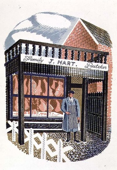 The Butchers Shop ، طبعه مطبعة Curwen ، من High Street ، بقلم JM Richards ، نشرته Country Life ، 1938 (مجموعة من 24) بواسطة إريك رافيليوس