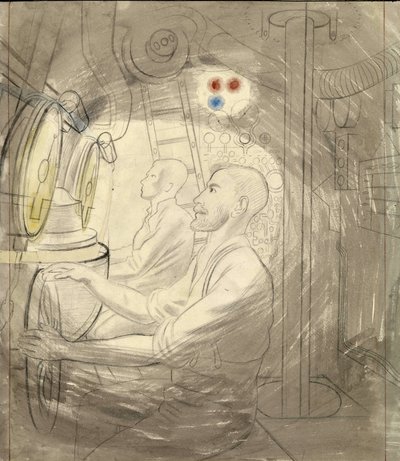 غرفة التحكم في الغوص في غواصة. سلسلة رسومات إيريك رافيليوس (1903-1942) بقلم الرصاص، على متن غواصة أثناء الحرب العالمية الثانية (1939-1945) بواسطة إريك رافيليوس