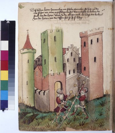 صفحة كاملة: قلعة وتعليمات استخدام السلم ذي العجلات، حوالي عام 1430 (رسم بقلم ملون) بواسطة إريك ليسينج
