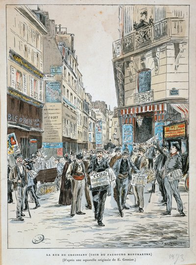 France, Paris, Newspaper vendor in rue du Croissant on corner of rue du Faubourg Montmartre in Paris by Ernest Grenier, Print from watercolor بواسطة إرنست (بعد) جرينير