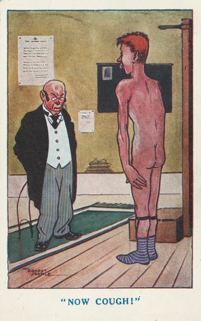 طبيب يطلب من رجل عارٍ أن يسعل أثناء الفحص الطبي (لون ليثو) بواسطة إرنست (بعد) نوبل