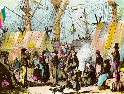 عائلات المهاجرين تخيم في ميناء لوهافر. نقش إرنست شارتون (1813-1905) نقش لمجموعة خاصة من القرن التاسع عشر بواسطة إرنست تشارتون