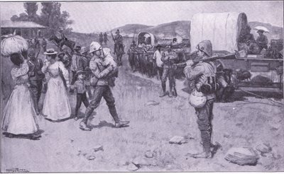 الجنود البريطانيون يساعدون اللاجئين البوير ، التوضيح من بعد بريتوريا: حرب العصابات ، 1902 بواسطة إرنست براتر