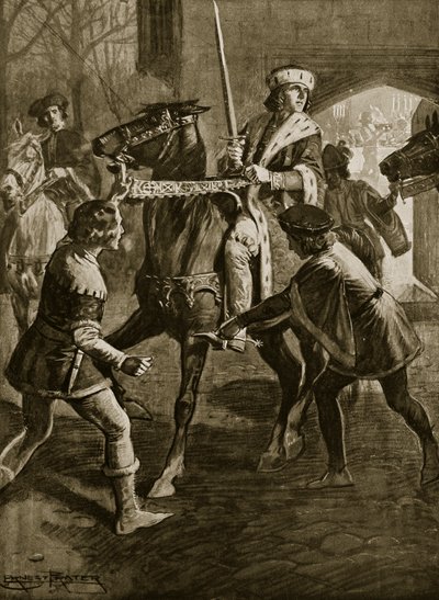 إدوارد الرابع يهرب من رئيس الأساقفة هيرتفوردشاير مانور ، 1470 ، رسم توضيحي من "قصة هتشنسون عن الأمة البريطانية" ، ج .1923 بواسطة إرنست براتر