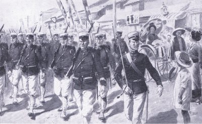 مسيرة يابانية عبر Tokio ، التوضيح من Casells History of Russo-Japanese War Vol 1 ، c.1900 بواسطة إرنست براتر