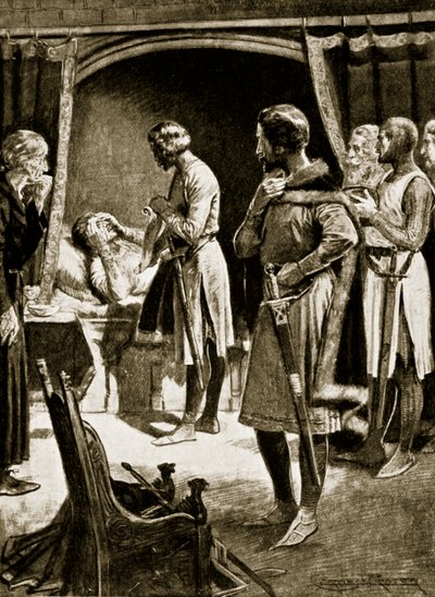 وفاة هنري الثاني ، 1189 ، رسم توضيحي من "قصة هتشنسون عن الأمة البريطانية" ، حوالي 1920 بواسطة إرنست براتر